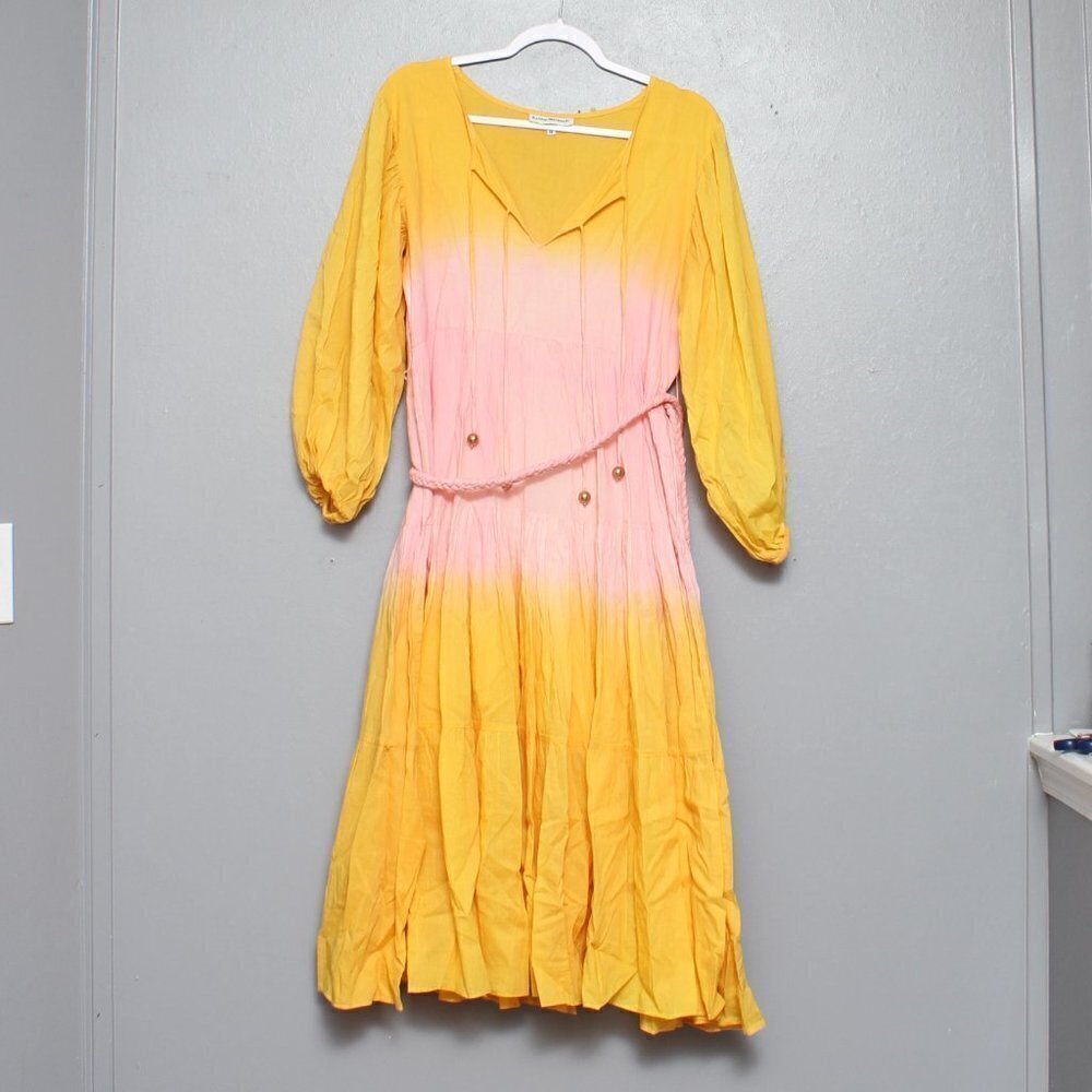 Karina Grimaldi sun maxi cotton yellow pink long sleeve boho belted dress